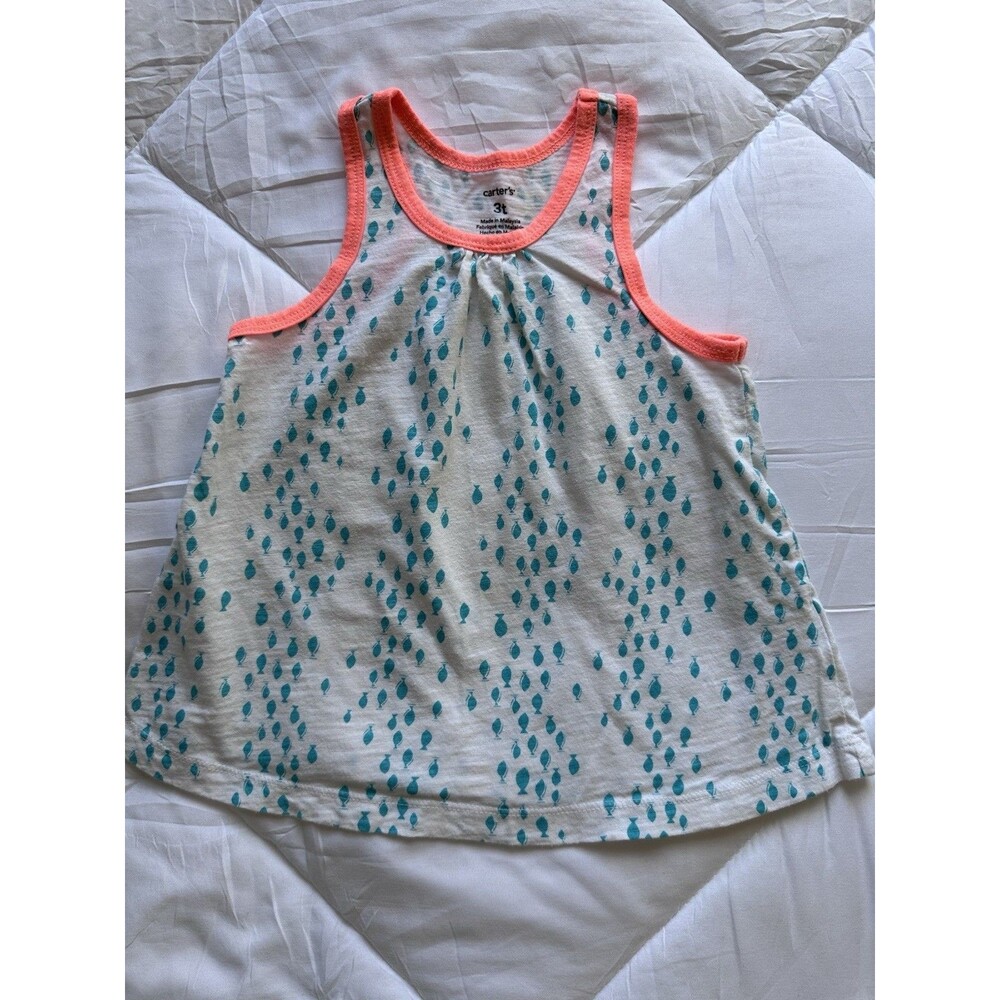 Carter's 3T Fish Print Sleeveless Tank White Coral Teal Cotton